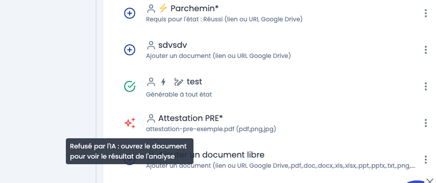 Étoile Refusé par l'IA dans la liste des documents