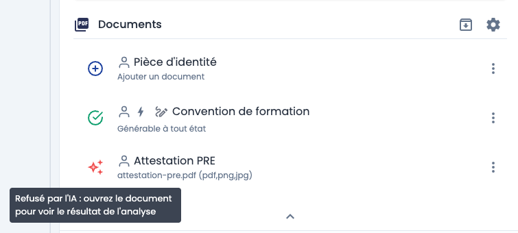 Étoile Refusé par l'IA dans la liste des documents