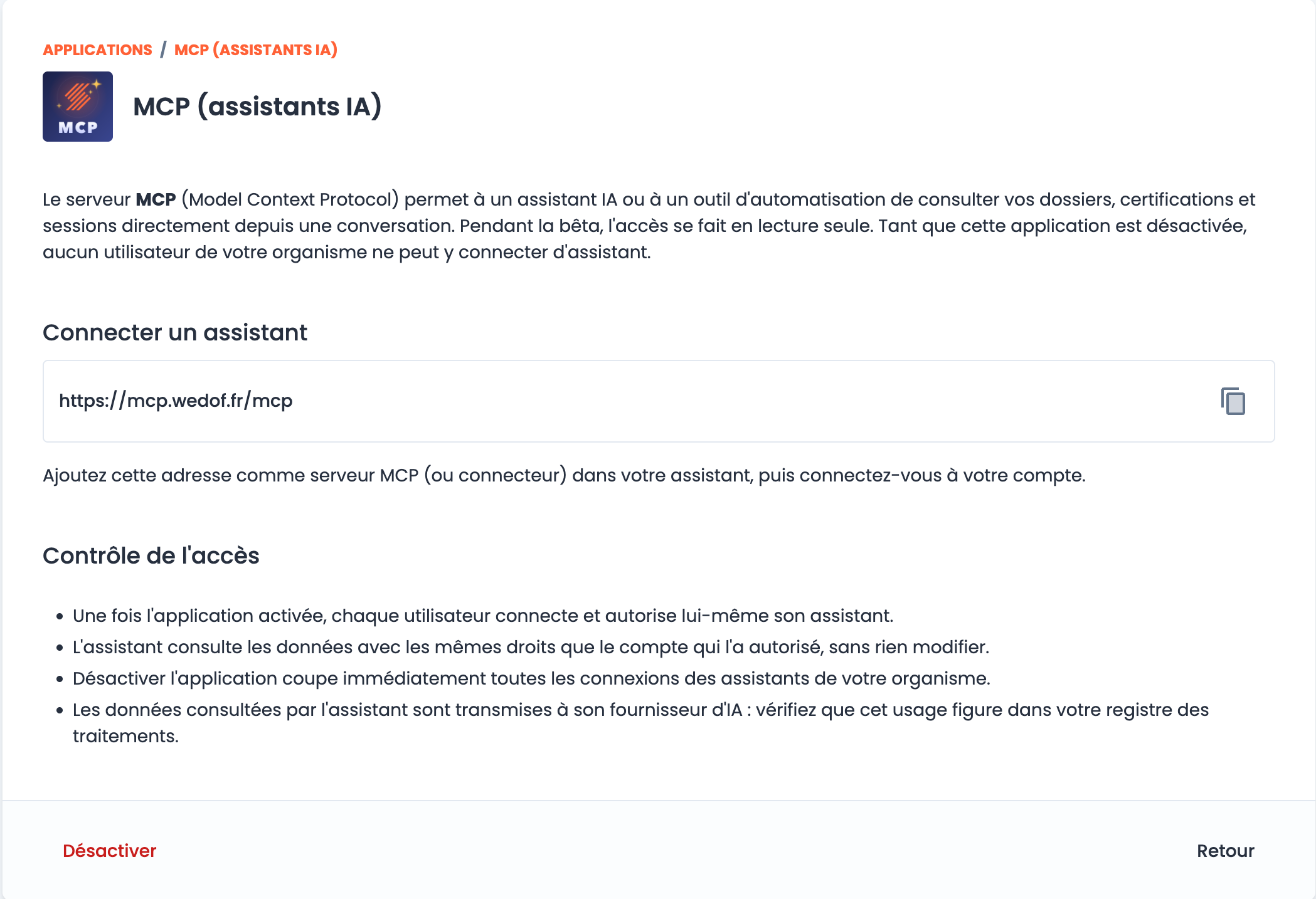 Réglages de l'application MCP