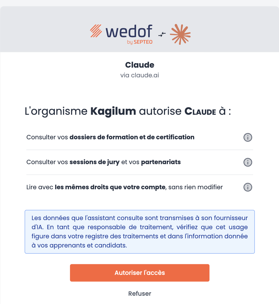 Page d'autorisation d'un assistant