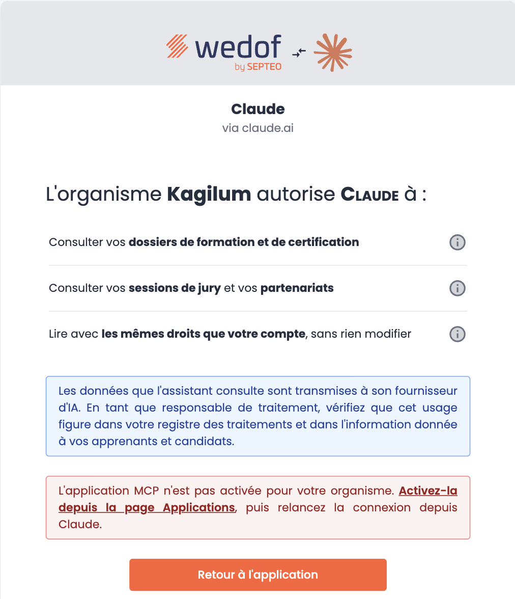 Page d'autorisation lorsque l'application MCP est désactivée