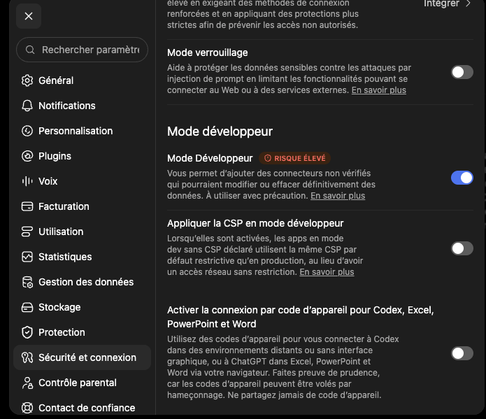 Mode développeur dans les paramètres ChatGPT