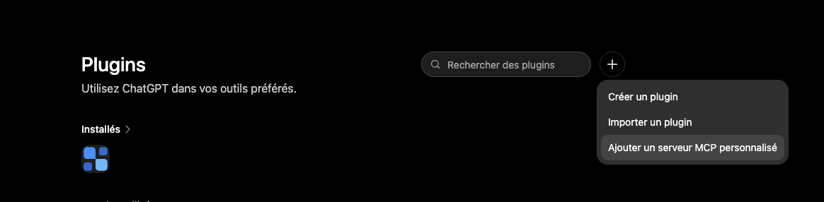 Menu d'ajout d'un serveur MCP personnalisé dans ChatGPT