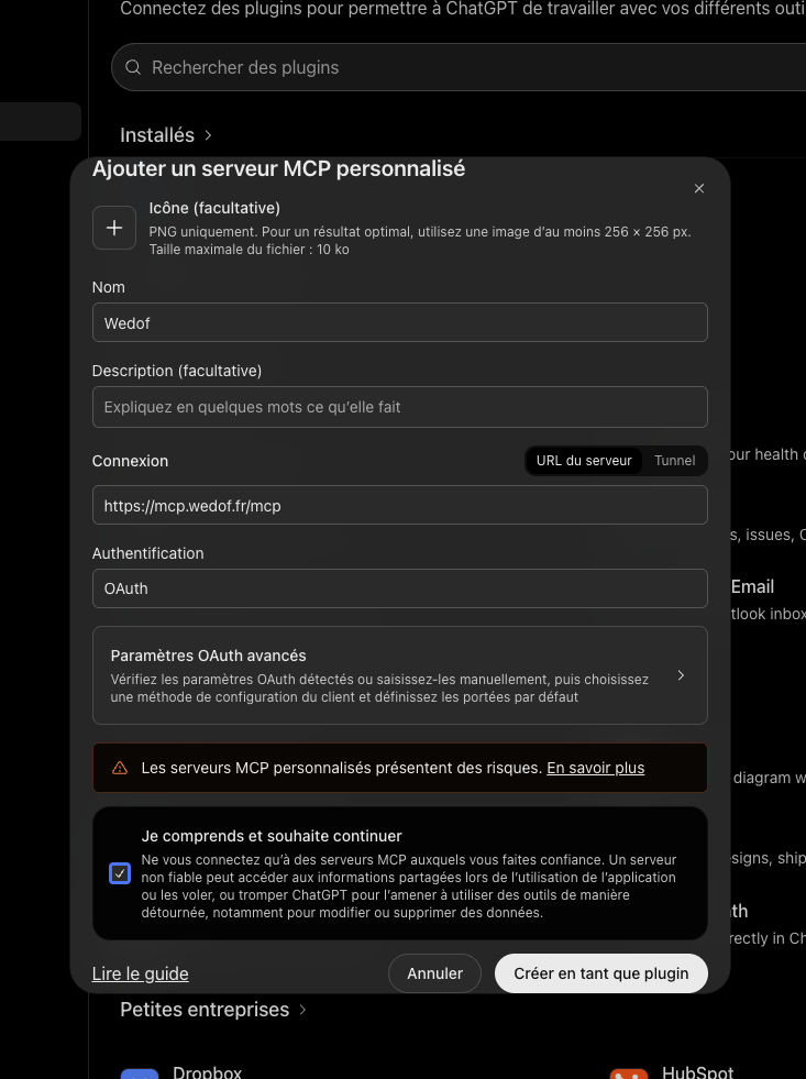 Formulaire d'ajout du serveur MCP CertiPlace dans ChatGPT