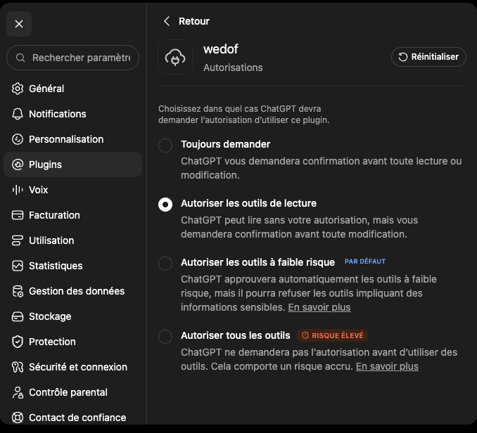 Autorisations du plugin CertiPlace dans ChatGPT