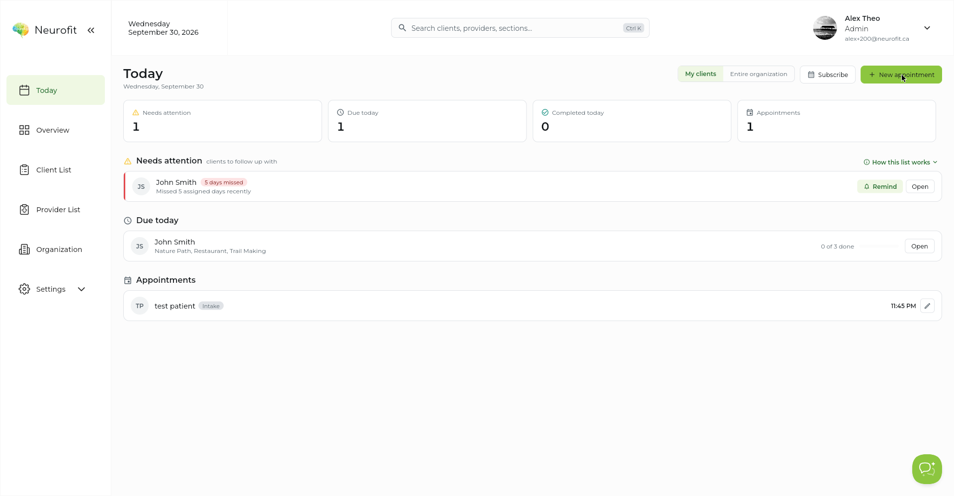 The Today screen with the cursor hovering the green + New appointment button at the top right.