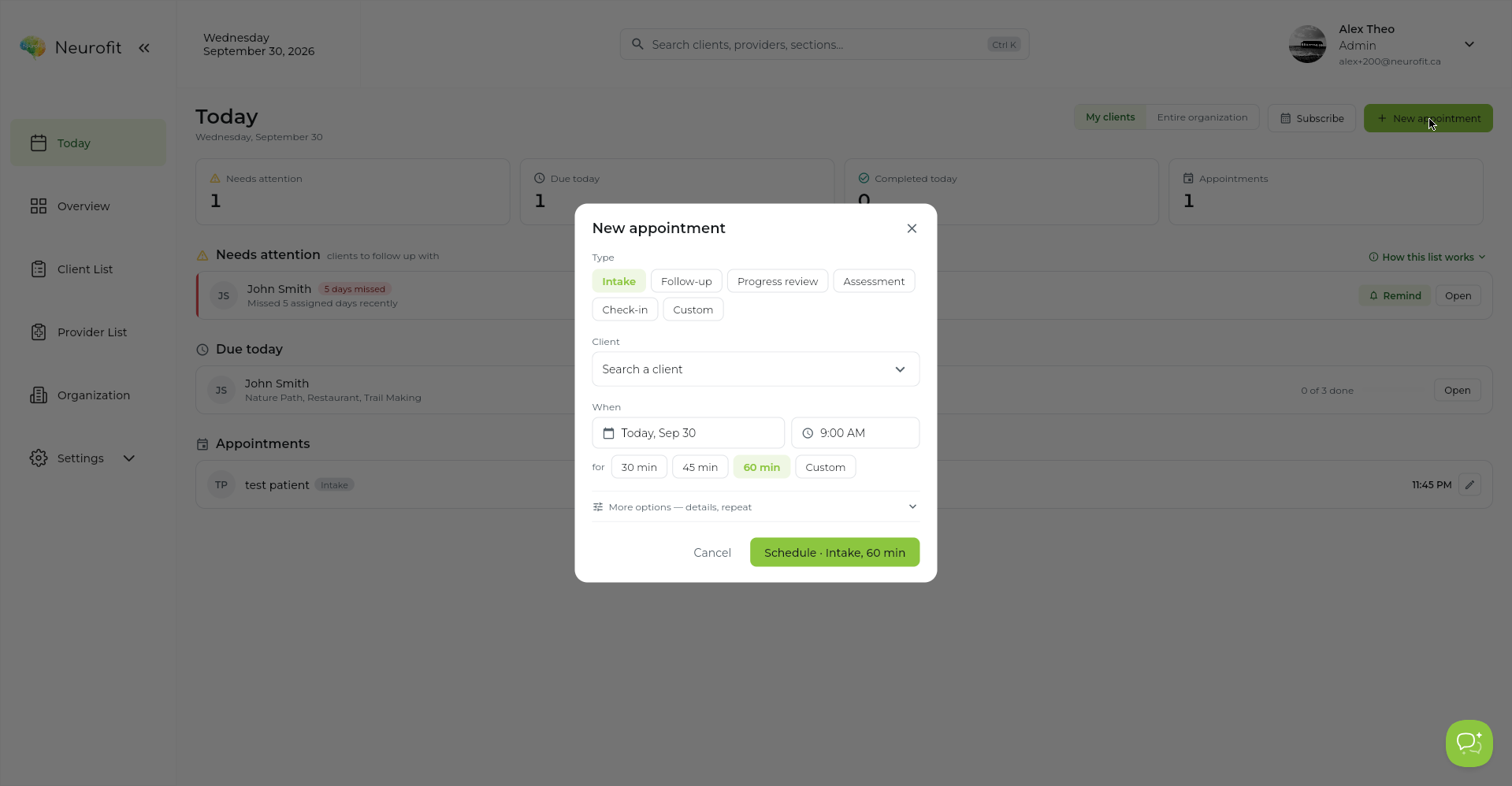 The New appointment dialog showing the type selector, client search, date and time pickers, duration options, and the Schedule button.