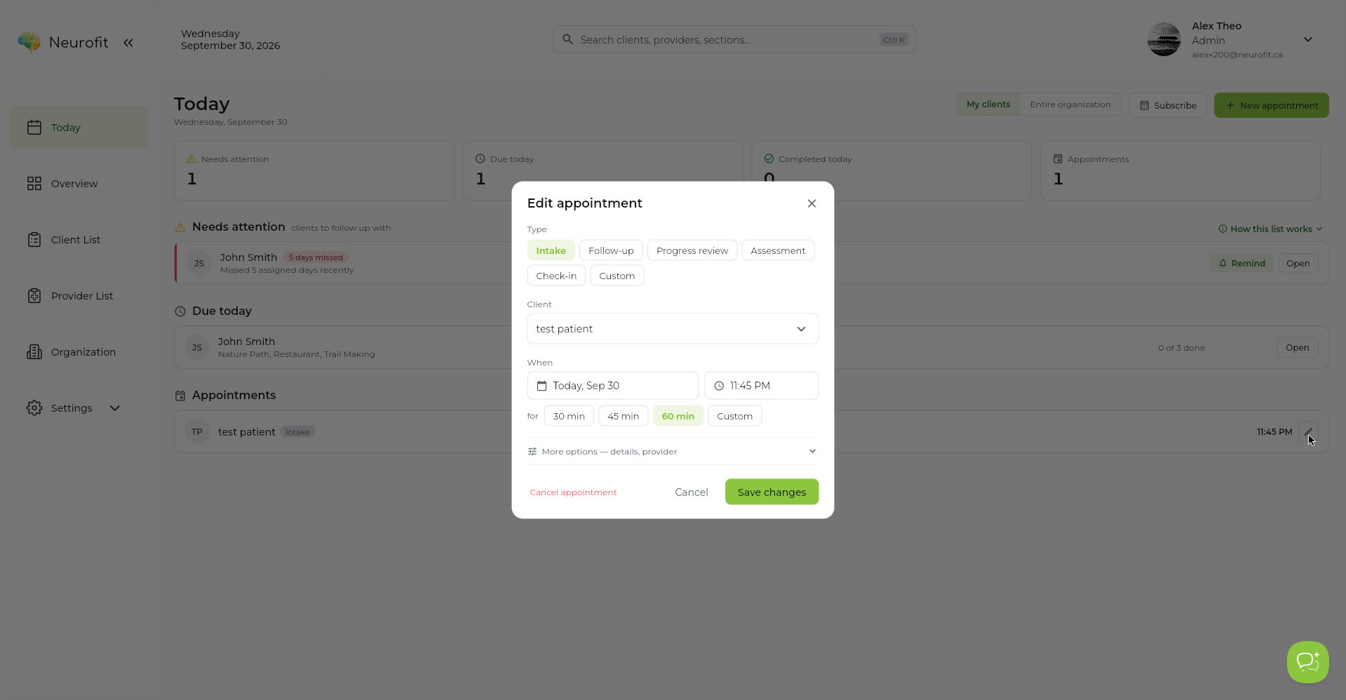 The Edit appointment dialog for an existing appointment, showing type, client, date, time, duration, more options, and Cancel appointment.