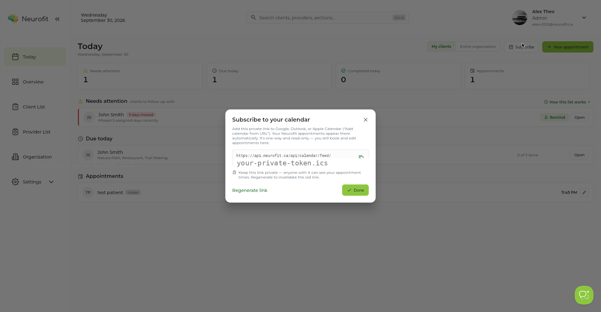 The Subscribe to your calendar dialog showing the private feed URL field, a copy button, the keep-this-link-private note, Regenerate link, and Done. The token in the URL has been redacted.