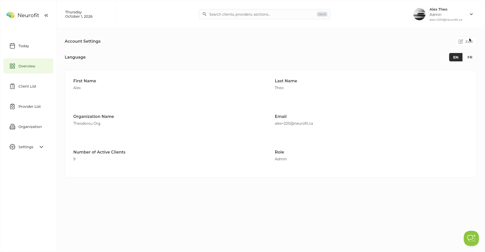 The Language setting in Account Settings showing EN and FR toggle options.