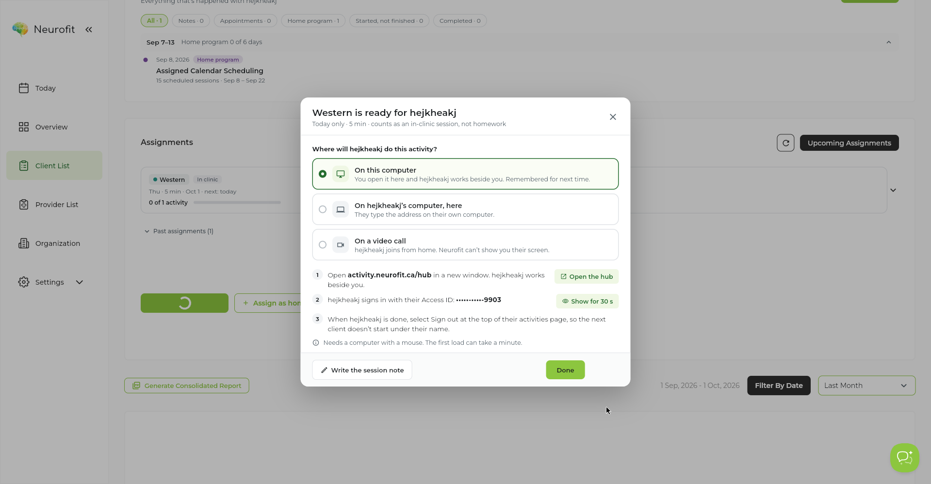 The activity-ready confirmation dialog showing where the client will do the activity and the three setup steps.