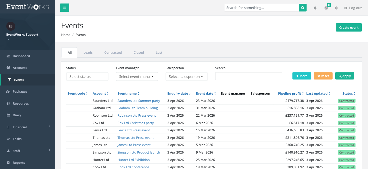 Export options on the events list