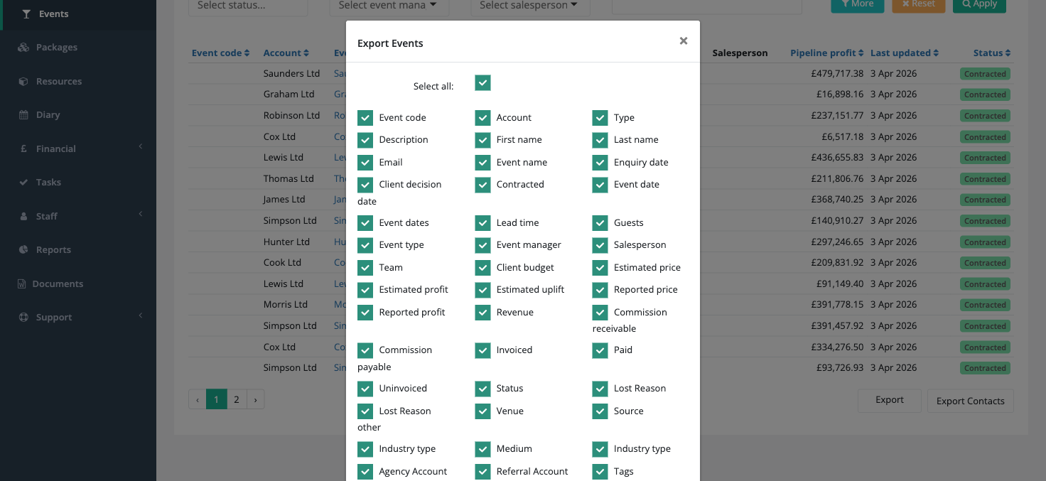 Event export column picker