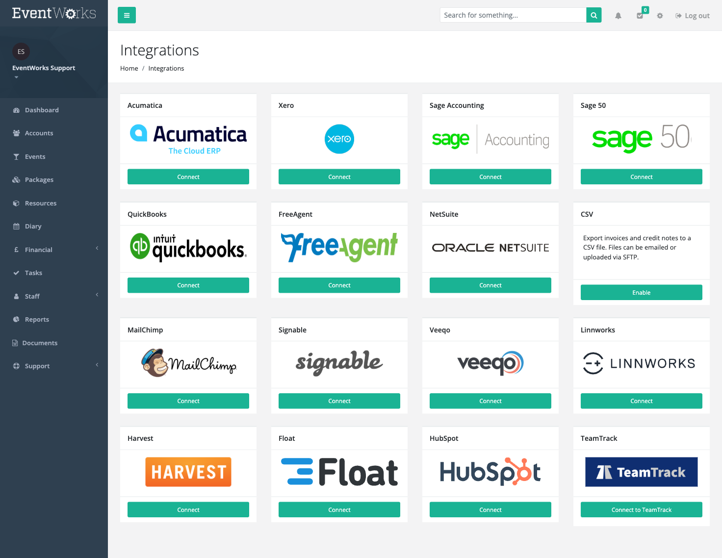 Integrations settings page