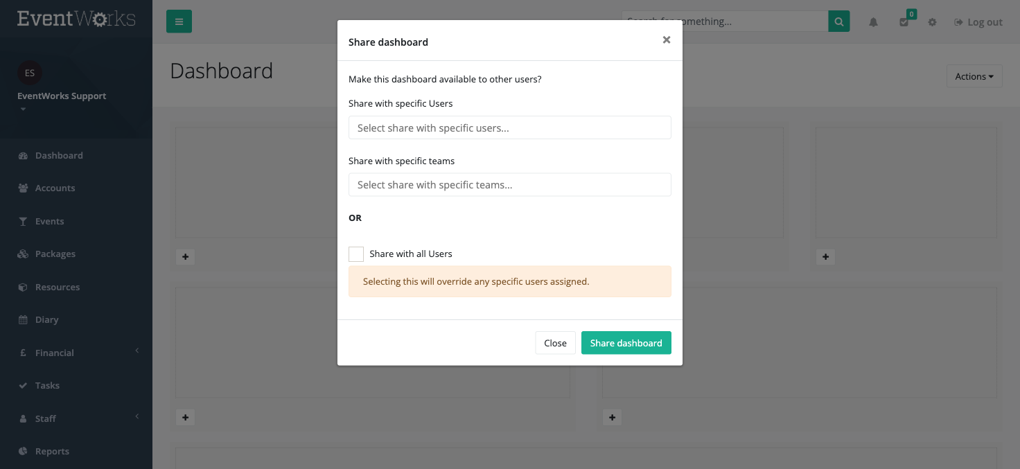 Share dashboard modal