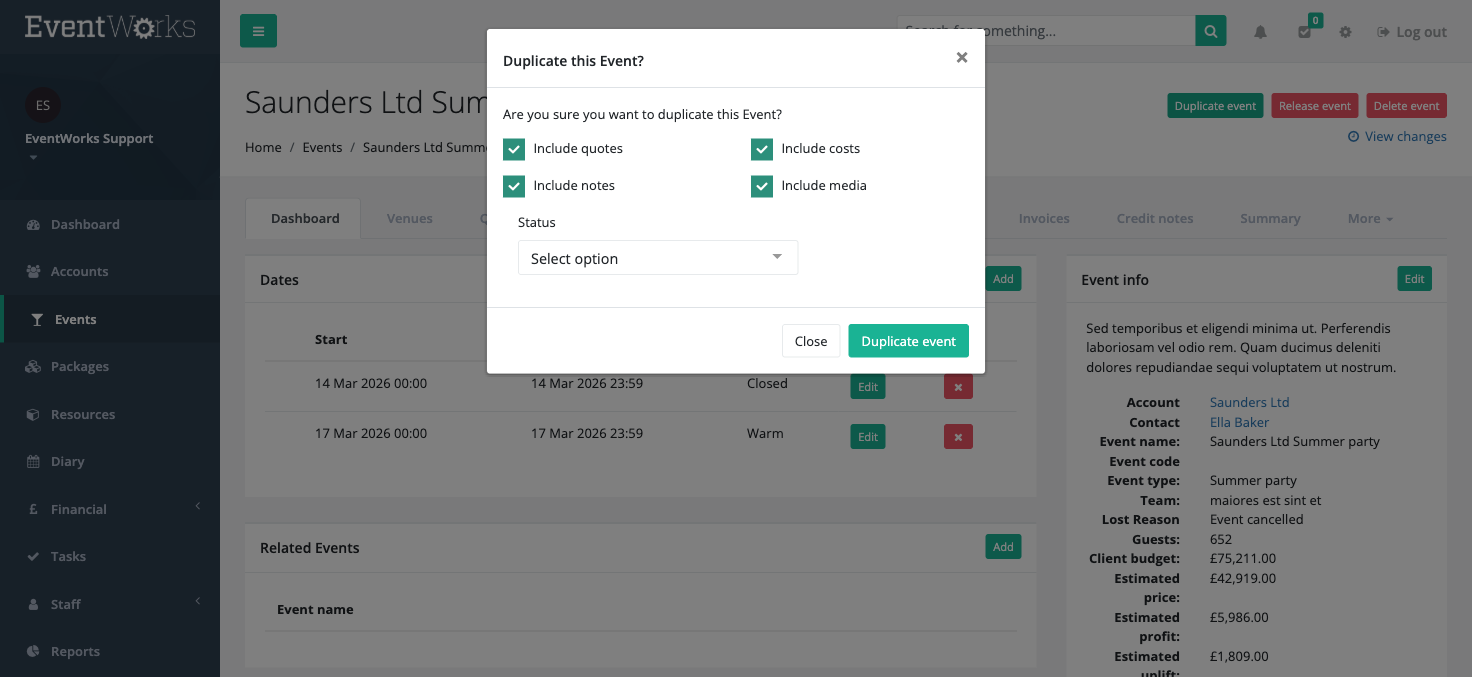 Duplicate event modal