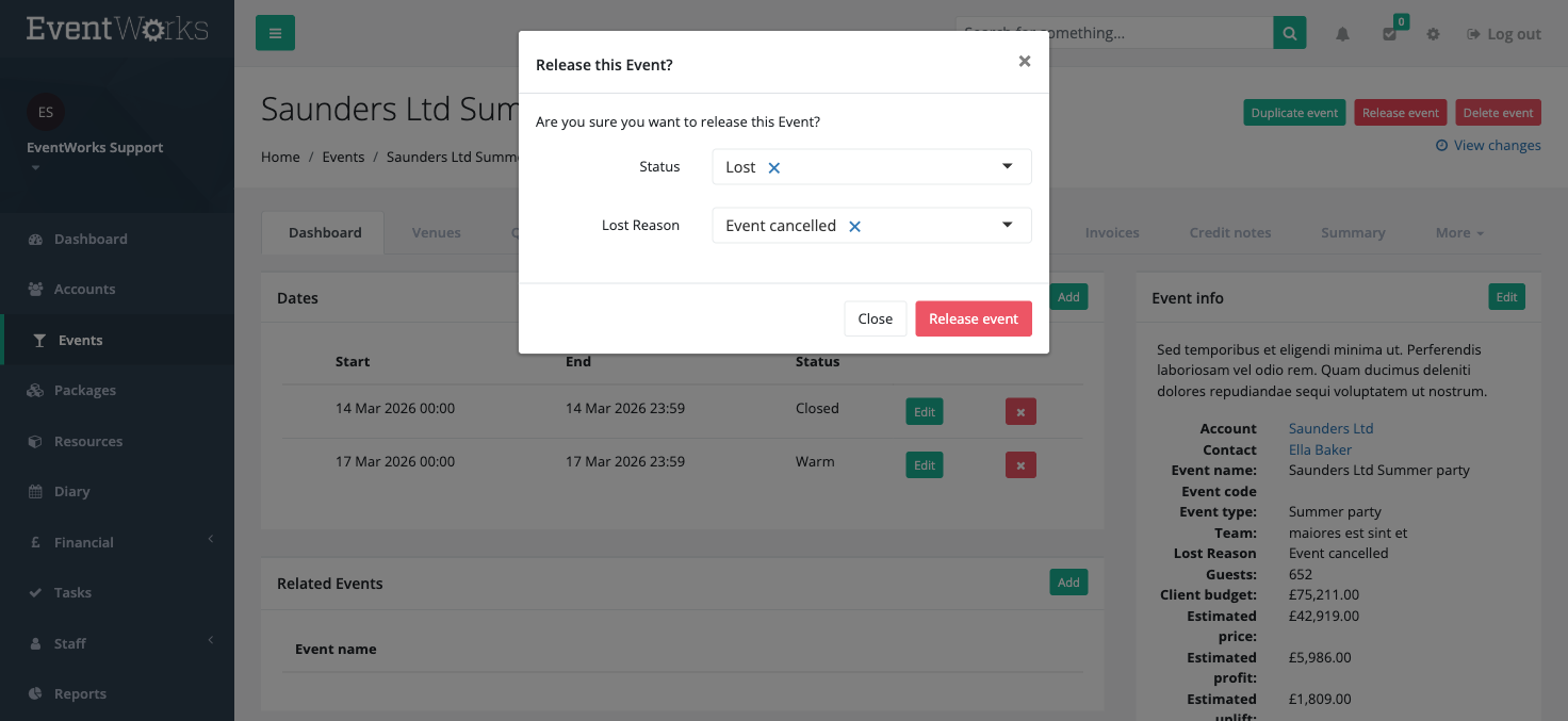 Release event modal