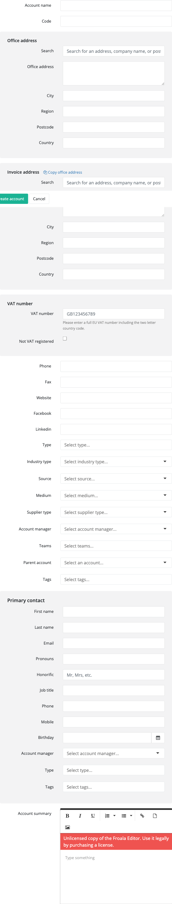 Create account form