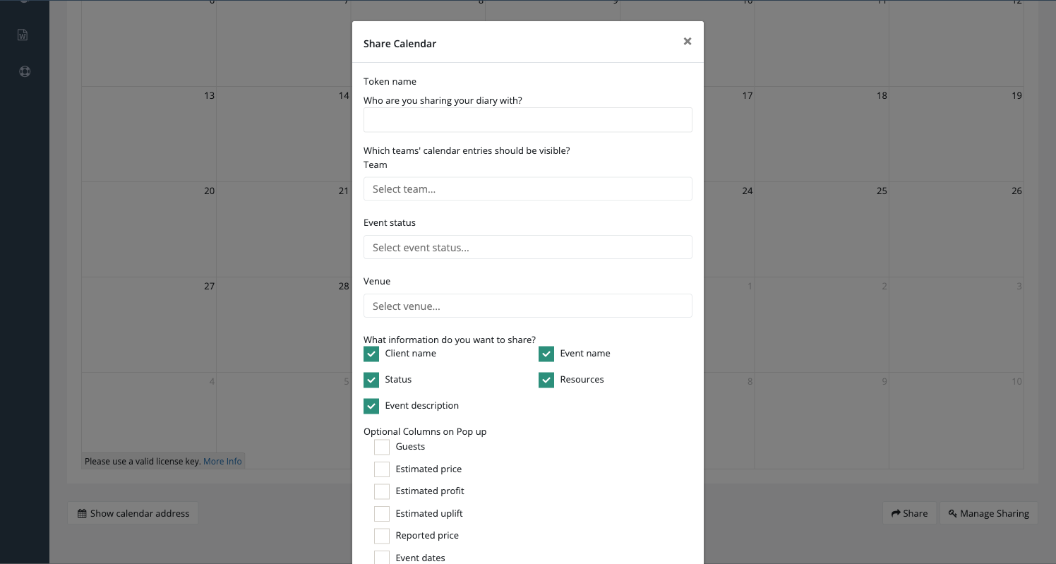 Create shared calendar link