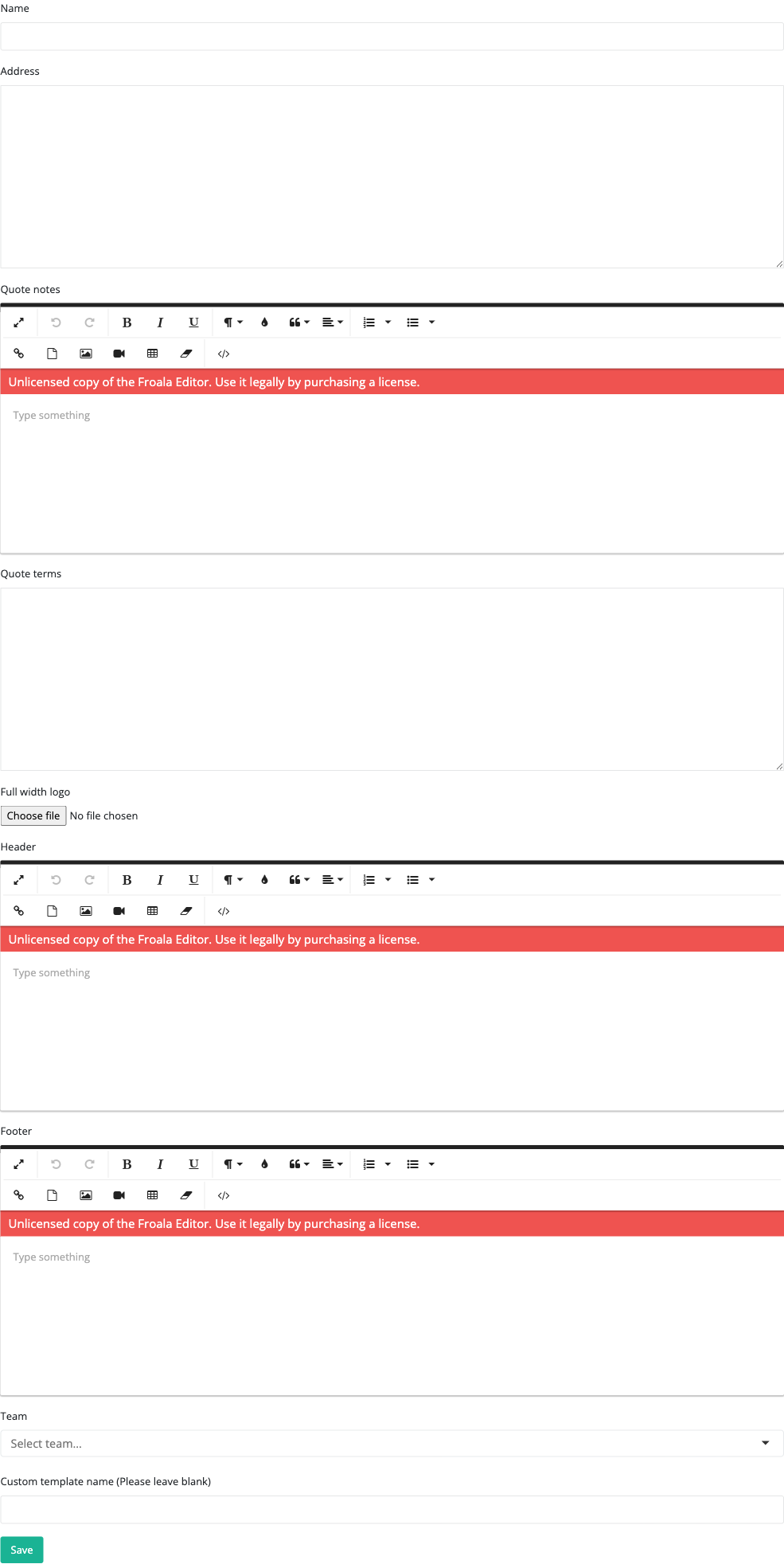 Quote template create form