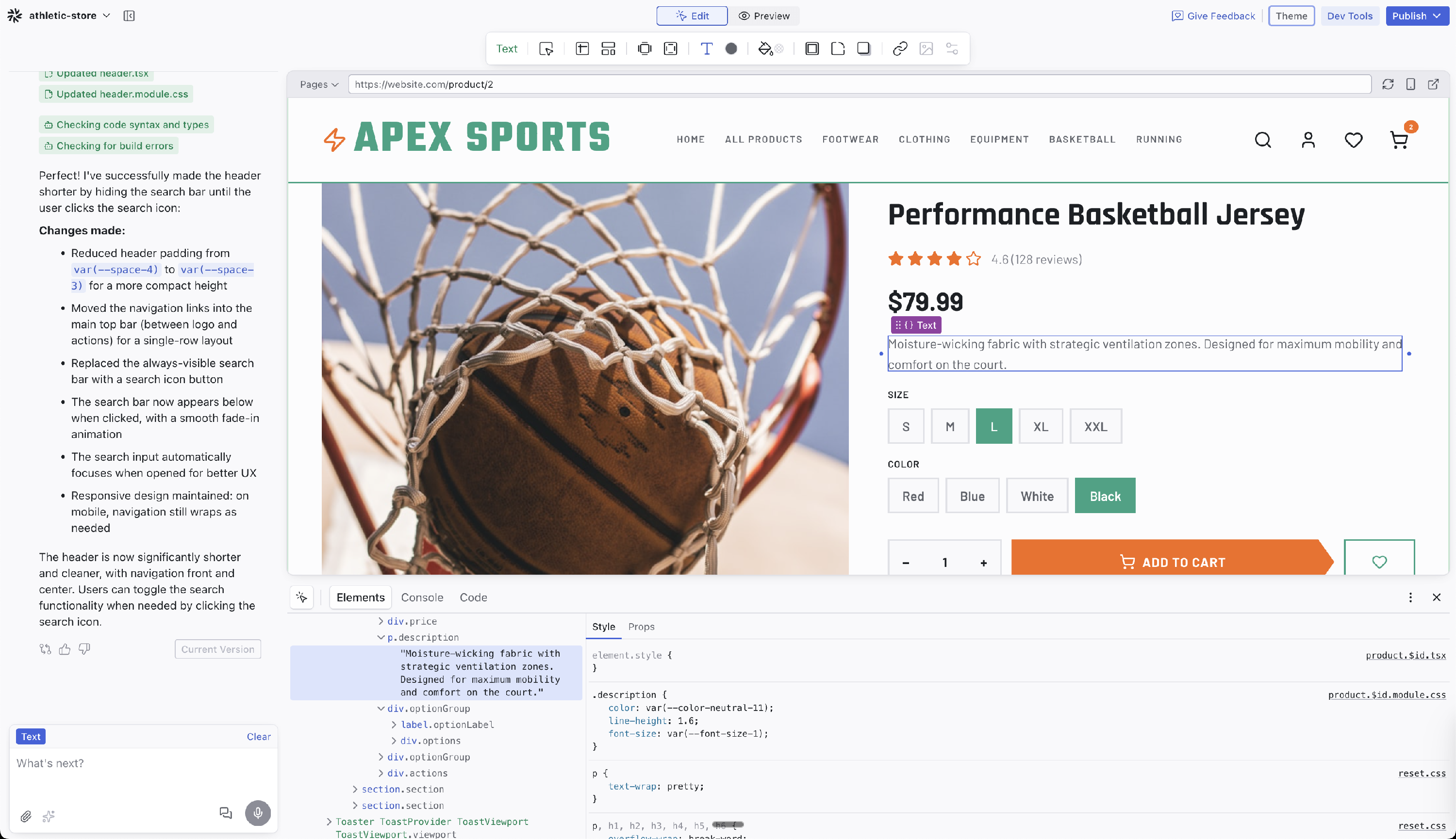 An image of the Dazl editor with the editing toolbar and dev tools open 