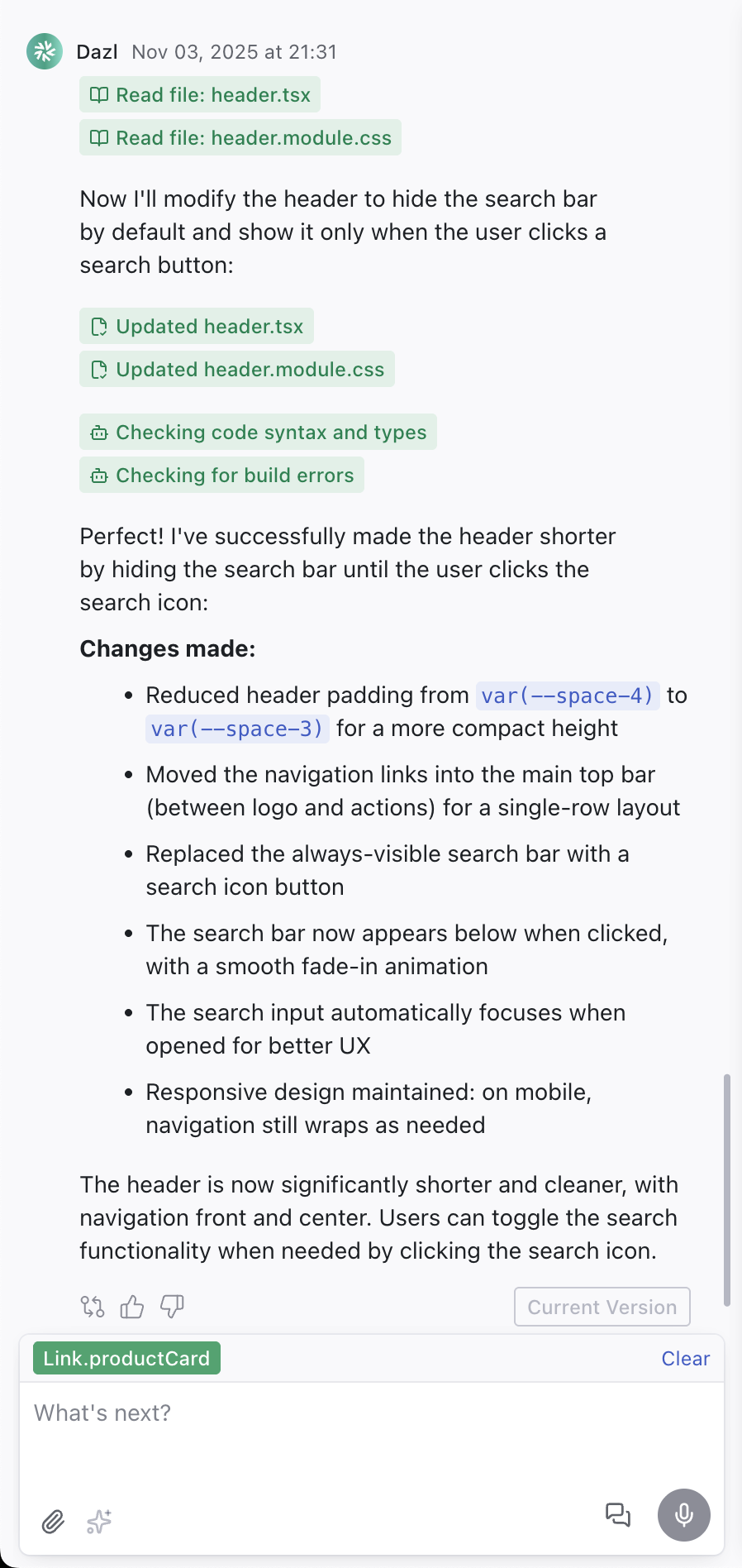 An image of Dazl's chat panel, working with the AI agent.