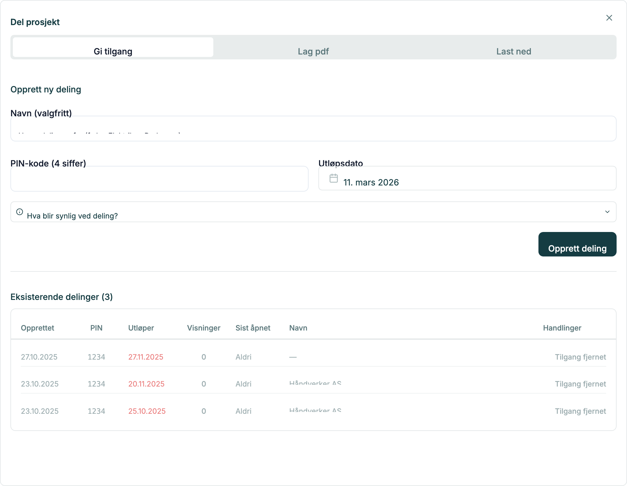 Del prosjekt — Gi tilgang med PIN-kode