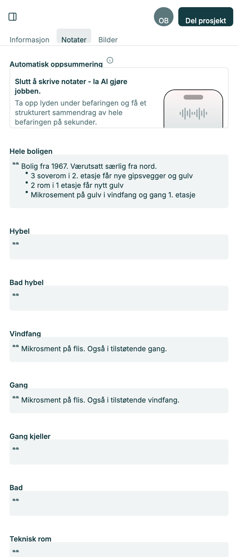Automatisk oppsummering — strukturert sammendrag per rom