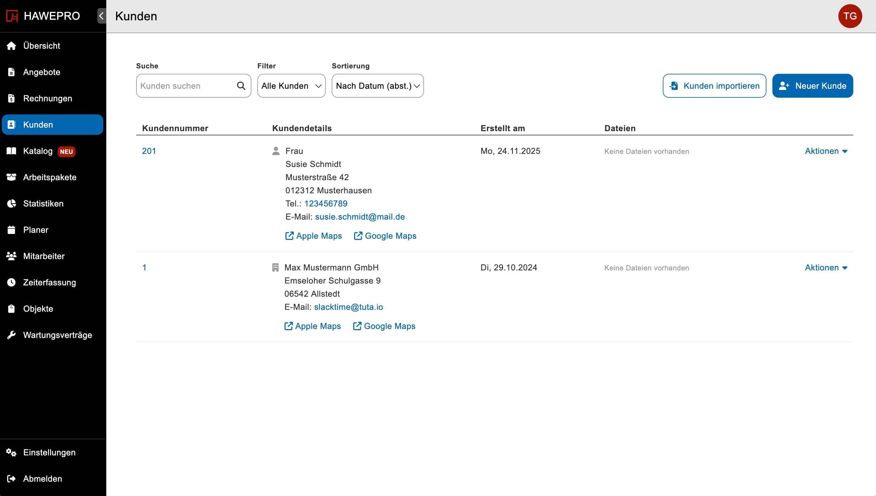 Kundenübersicht um alle relevanten Kunden der Handwerkersoftware Hawepro zu sehen