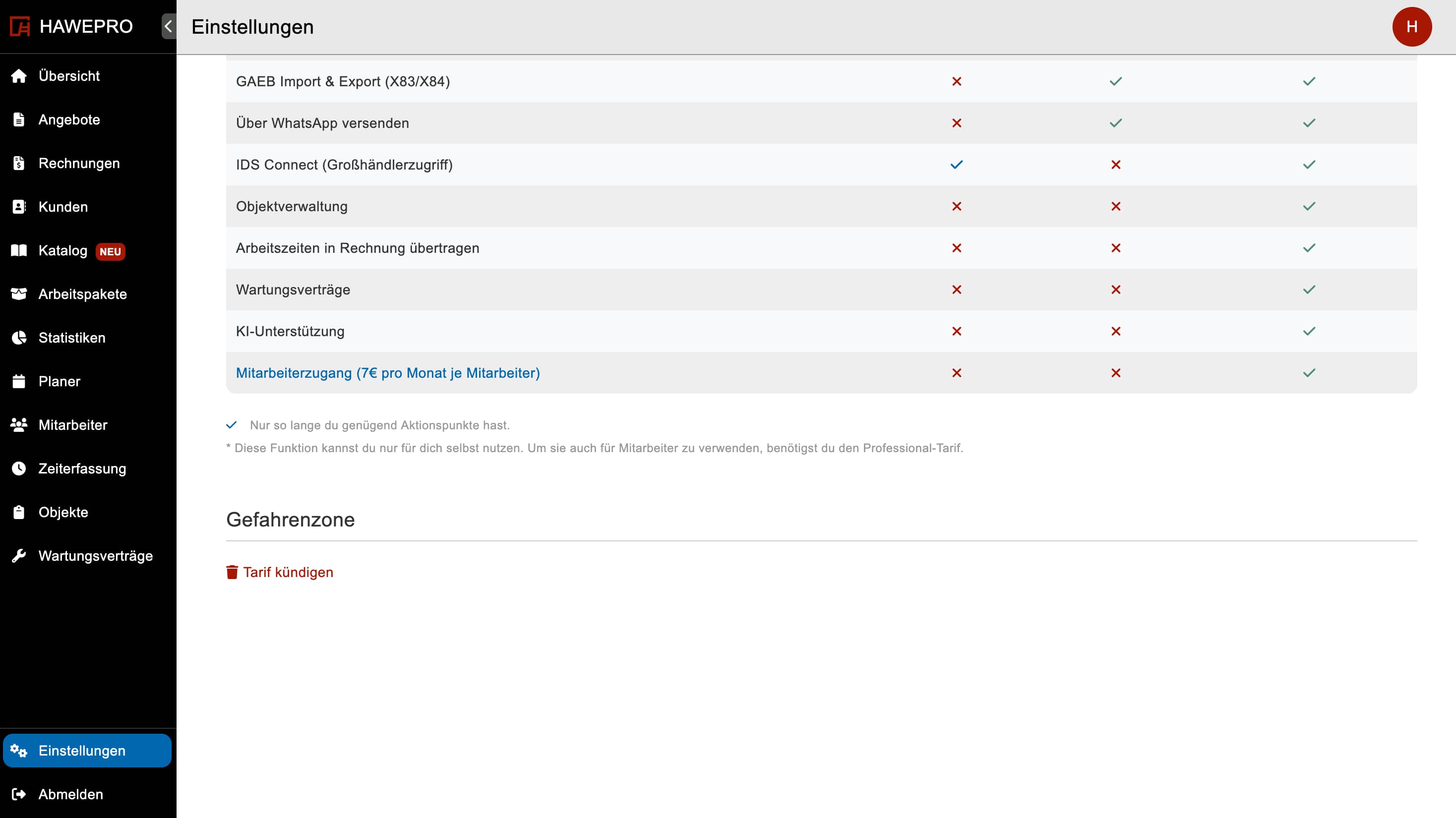 Tarif kündigen - keine Daten gehen verloren in der Handwerkersoftware Hawepro