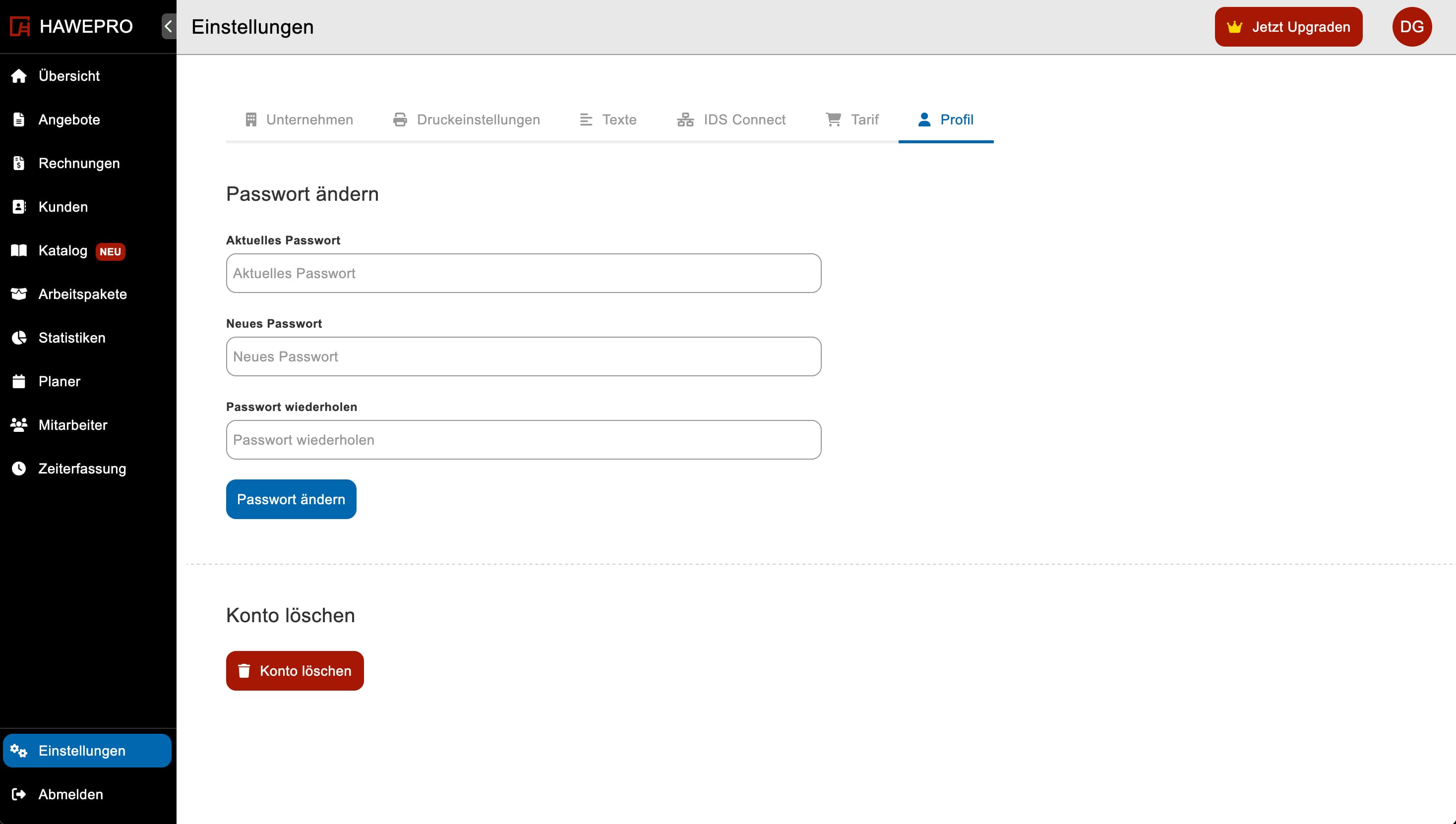 Passwort in Hawepro ändern, wenn du das Gefühl hast, dass es nicht mehr sicher ist.