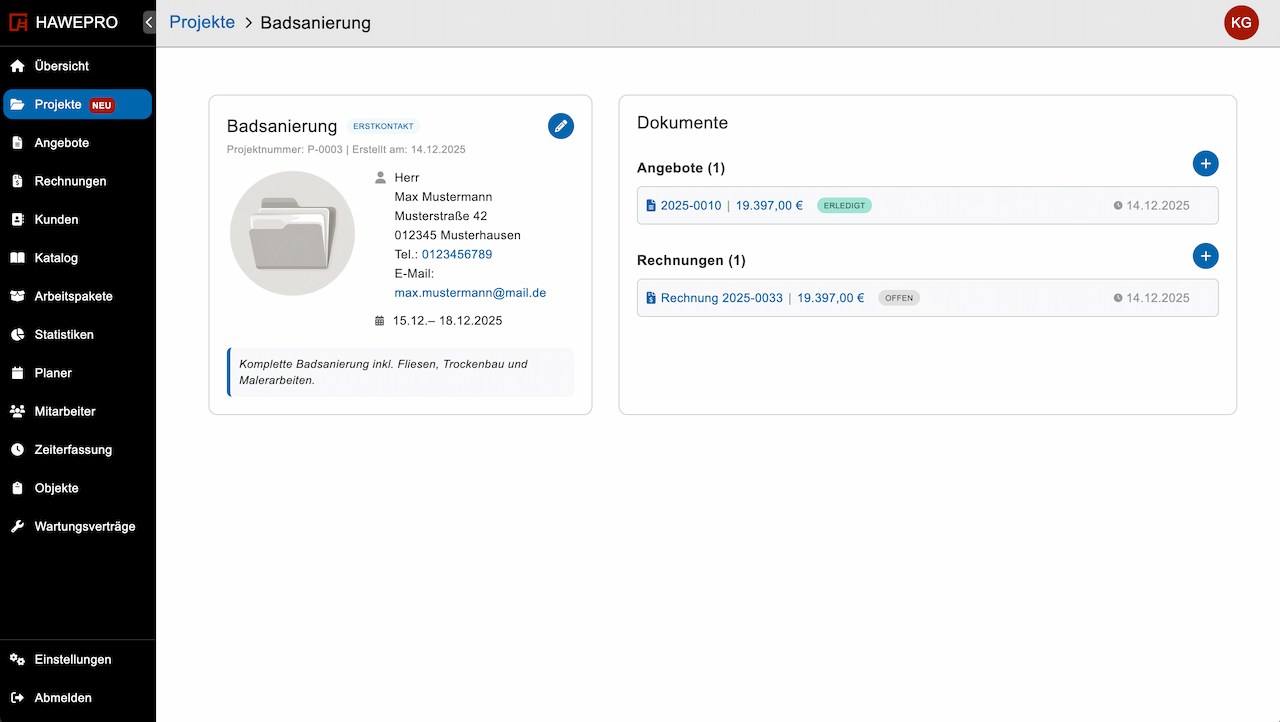 Projektdetails - Hier siehst du alle zugehörigen Dokumente wie Angebote und Rechnungen