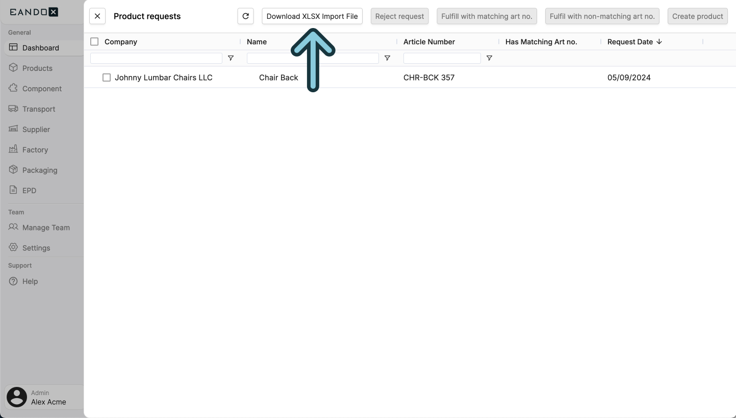 A screenshot of the EandoX platform showing users where to click to download an XLSX Import File for their Product Requests.