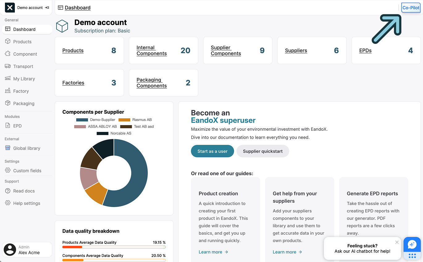 A screenshot of the EandoX platform showing where a user can click to access the Co-Pilot feature.