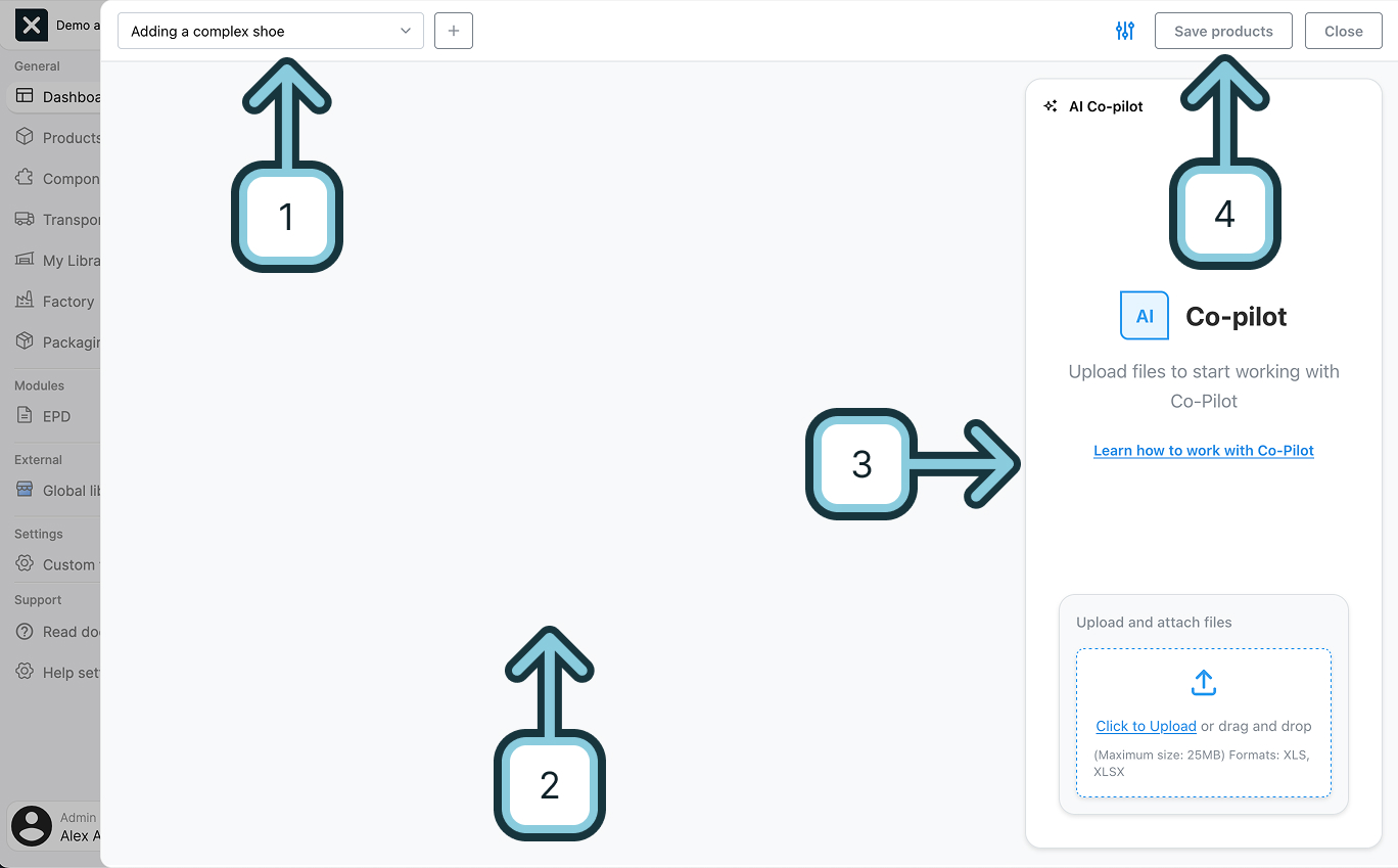 A screenshot of the EandoX platform showing a user which areas of the Co-Pilot sidepanel to click to navigate successfully around the feature.