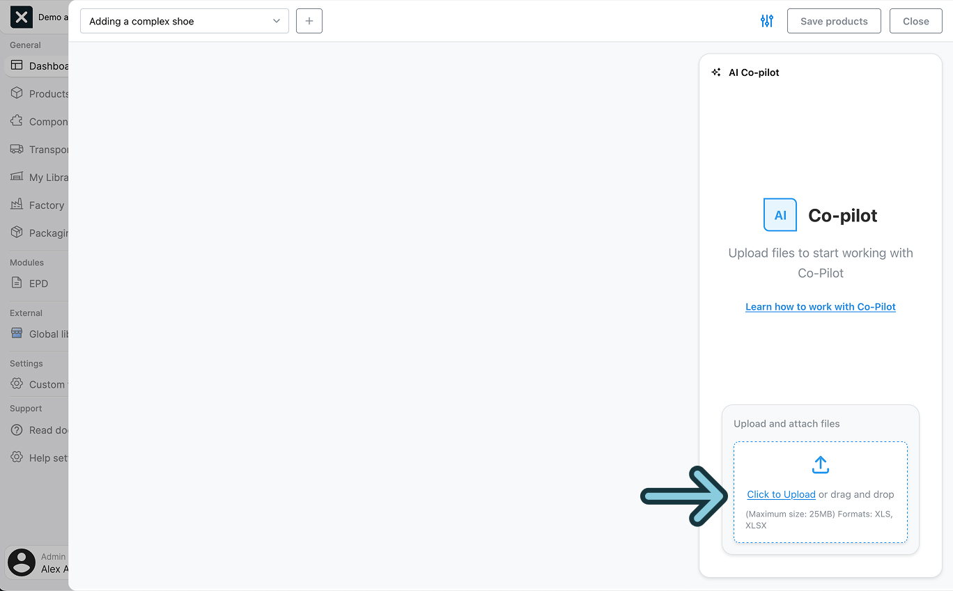 A screenshot of the EandoX platform showing a user how to upload their data file into the Co-Pilot.
