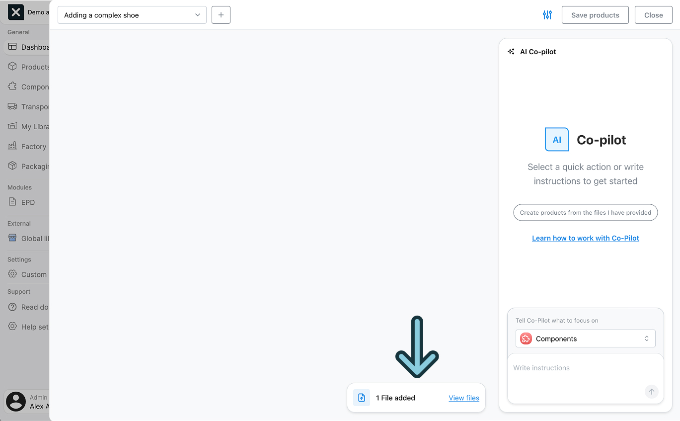 A screenshot of the EandoX platform showing a user that their file has been added to the Co-Pilot.