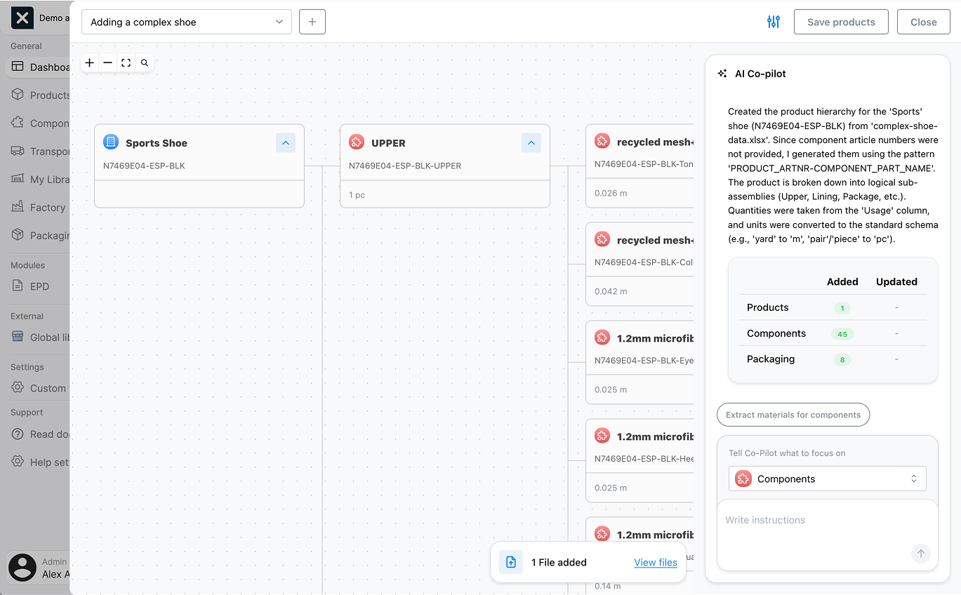 A screenshot of the EandoX platform showing the Co-Pilot performing a process to extract data from a file uploaded by a user.