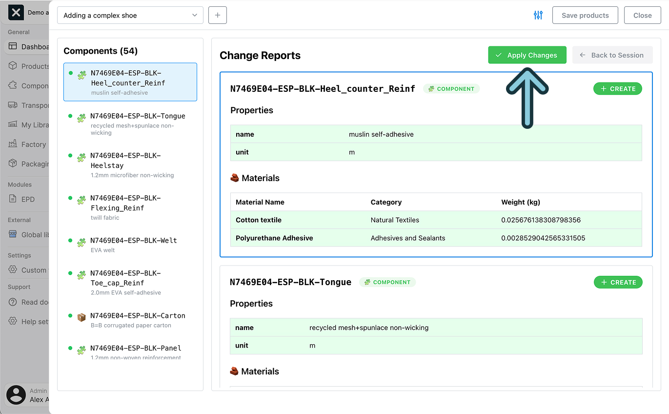 A screenshot of the EandoX platform showing a user in the Change Report view where to click to Apply Changes. 