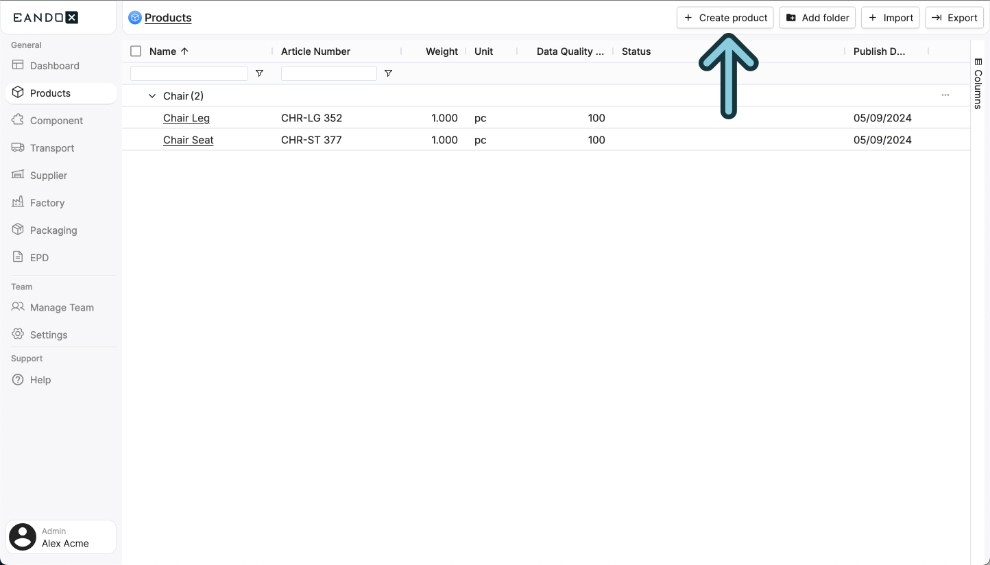 A screenshot of the EandoX platform showing a user where to click to Create a new Product record.