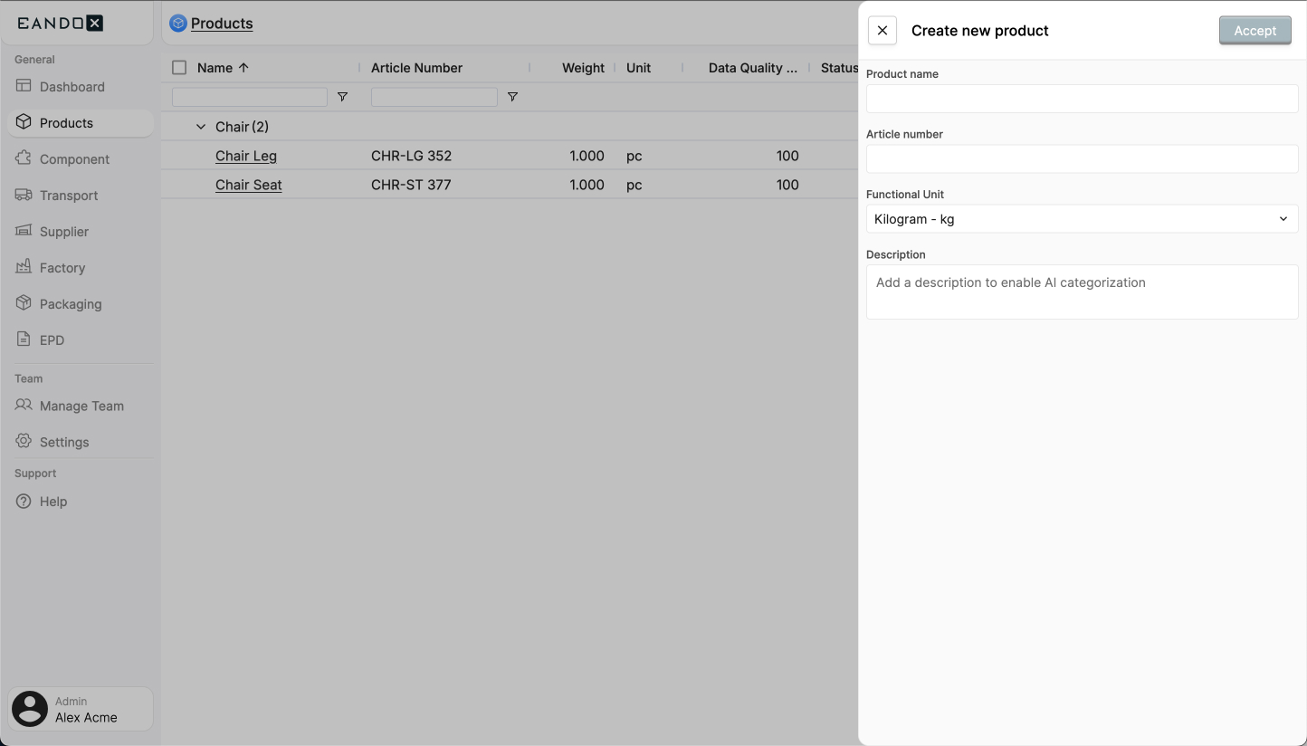 A screenshot of the EandoX platform showing the Create New Product side-panel view.