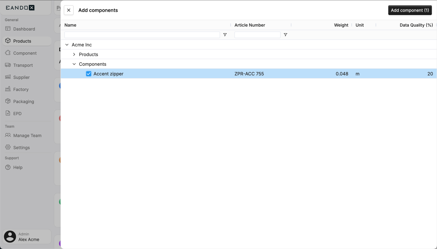 A screenshot of the EandoX platform showing the Add Components side-panel view in a Product record.