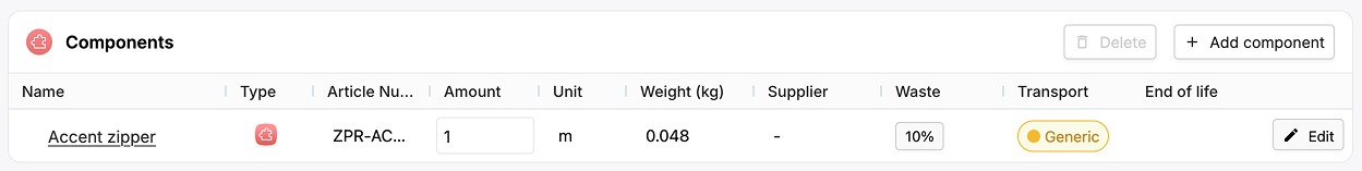 A screenshot of the EandoX platform showing the Components section of a Product record with an added component record shown in the section.