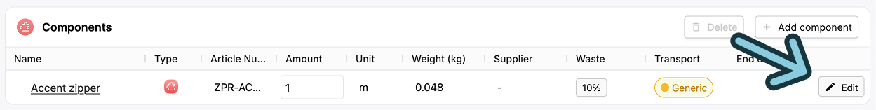 A screenshot of the EandoX platform showing where a user can click to edit a component that has been added to the section in a Product record.