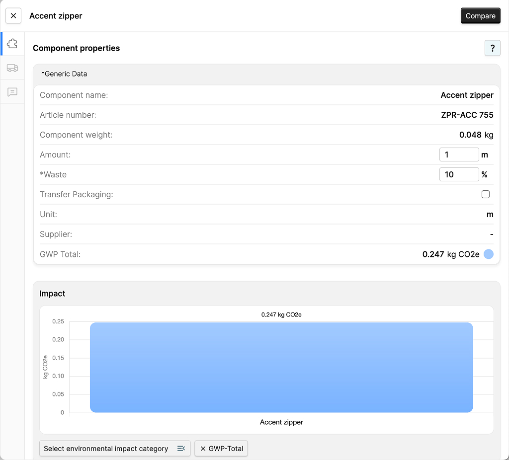 A screenshot of the EandoX platform showing the side-panel view that contains the details of a component that has been added to a Product record.