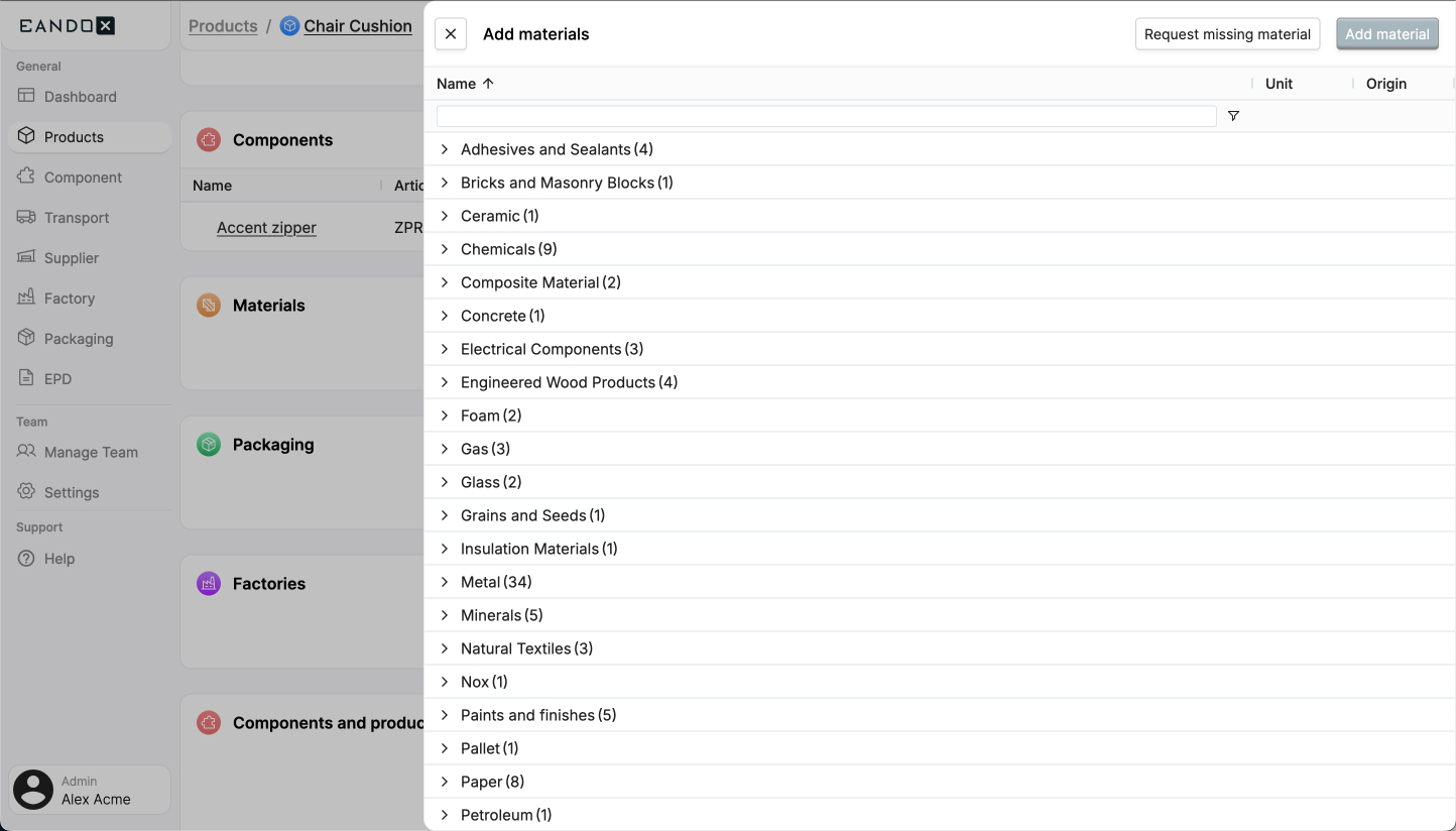 A screenshot of the EandoX platform showing the side-panel view for adding Materials to a Product record. 