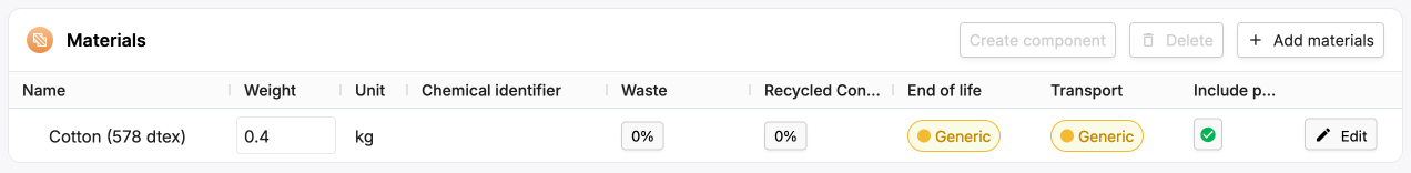 A screenshot of the EandoX platform showing the Materials section on a Product record that contains an added material shown.