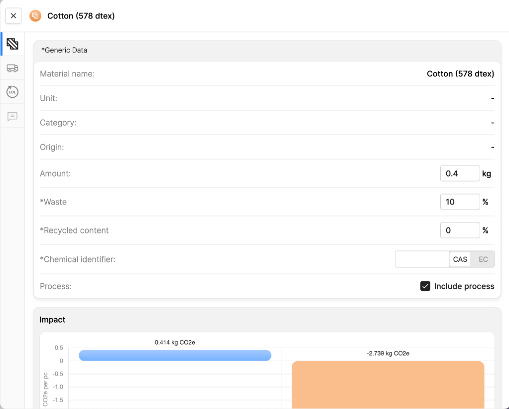 A screenshot of the EandoX platform showing the side-panel details view of a material in a Product record.
