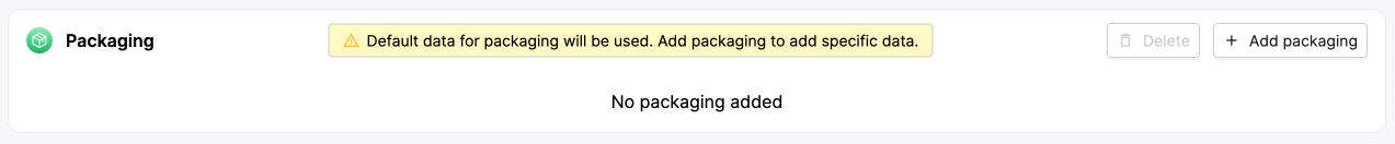 A screenshot of the Eandox platform showing the Packaging section in a Product record.