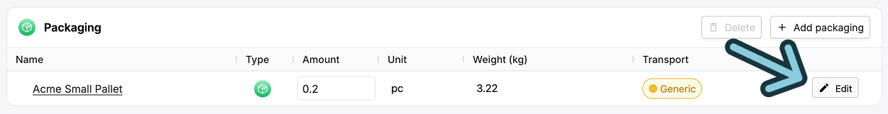 A screenshot of the Eandox platform showing a user where to click to edit a Packaging record that has been added to the Packaging section of a Product record.